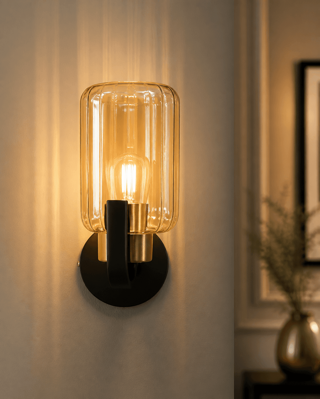 Amber Ribbed Glass Cylinder Wall Lamp