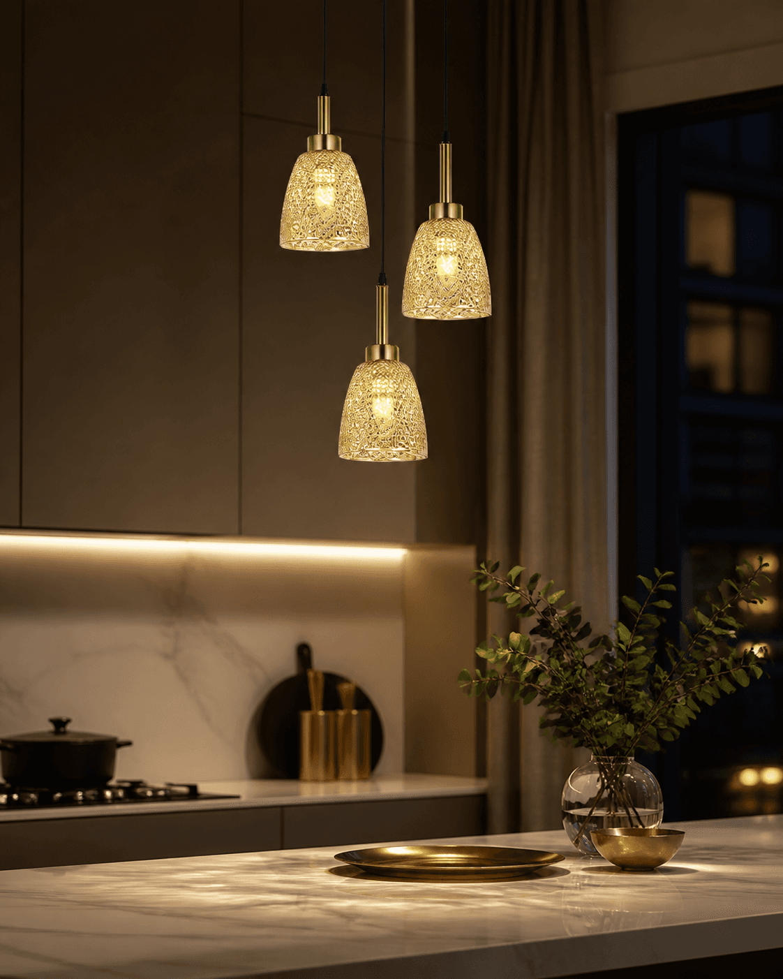 Modern 3-Light Gold Textured Glass Pendant