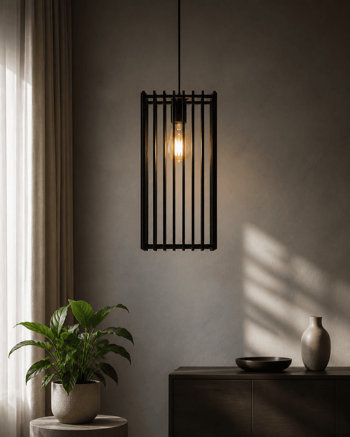Modern Black Metal Cage Pendant Light