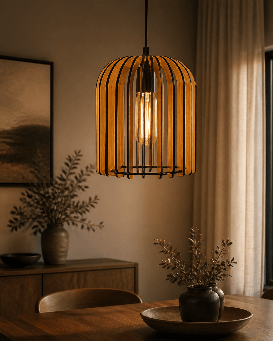 Wood and Metal Cage Pendant Light