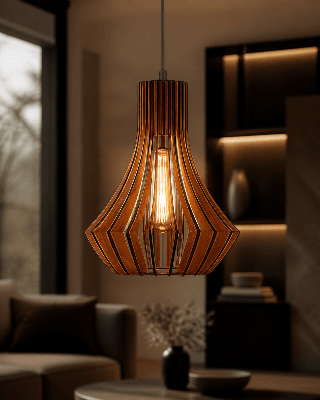 Flared Wood and Metal Pendant Light