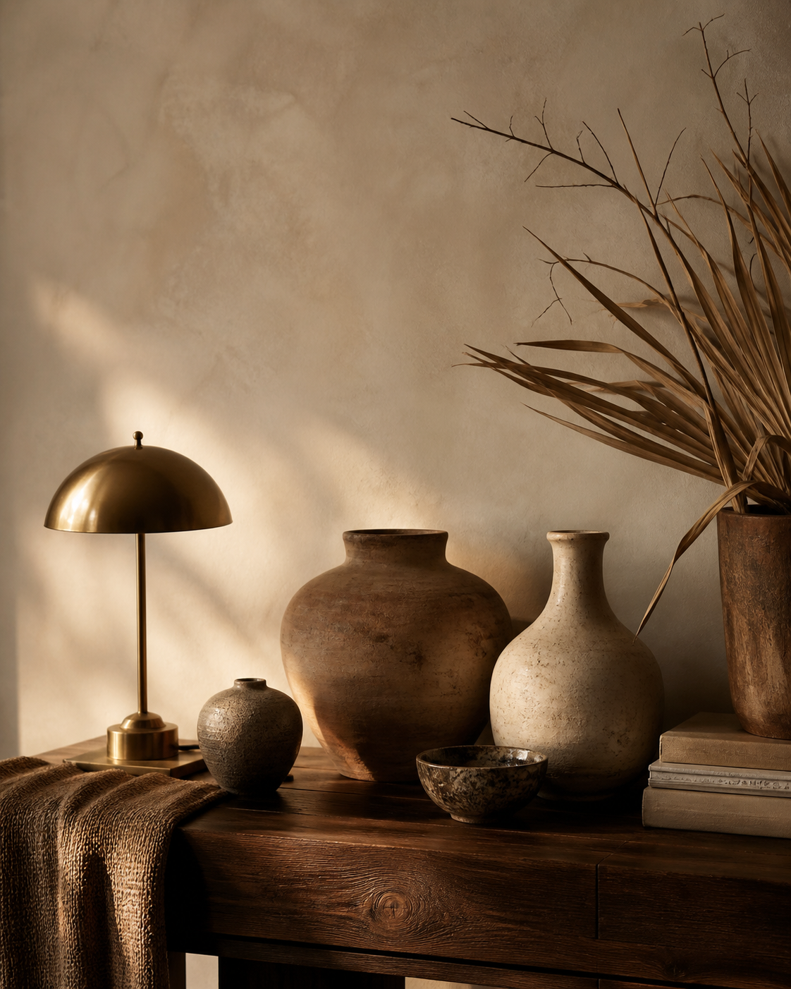 Curated collection of ceramic and brass home objects