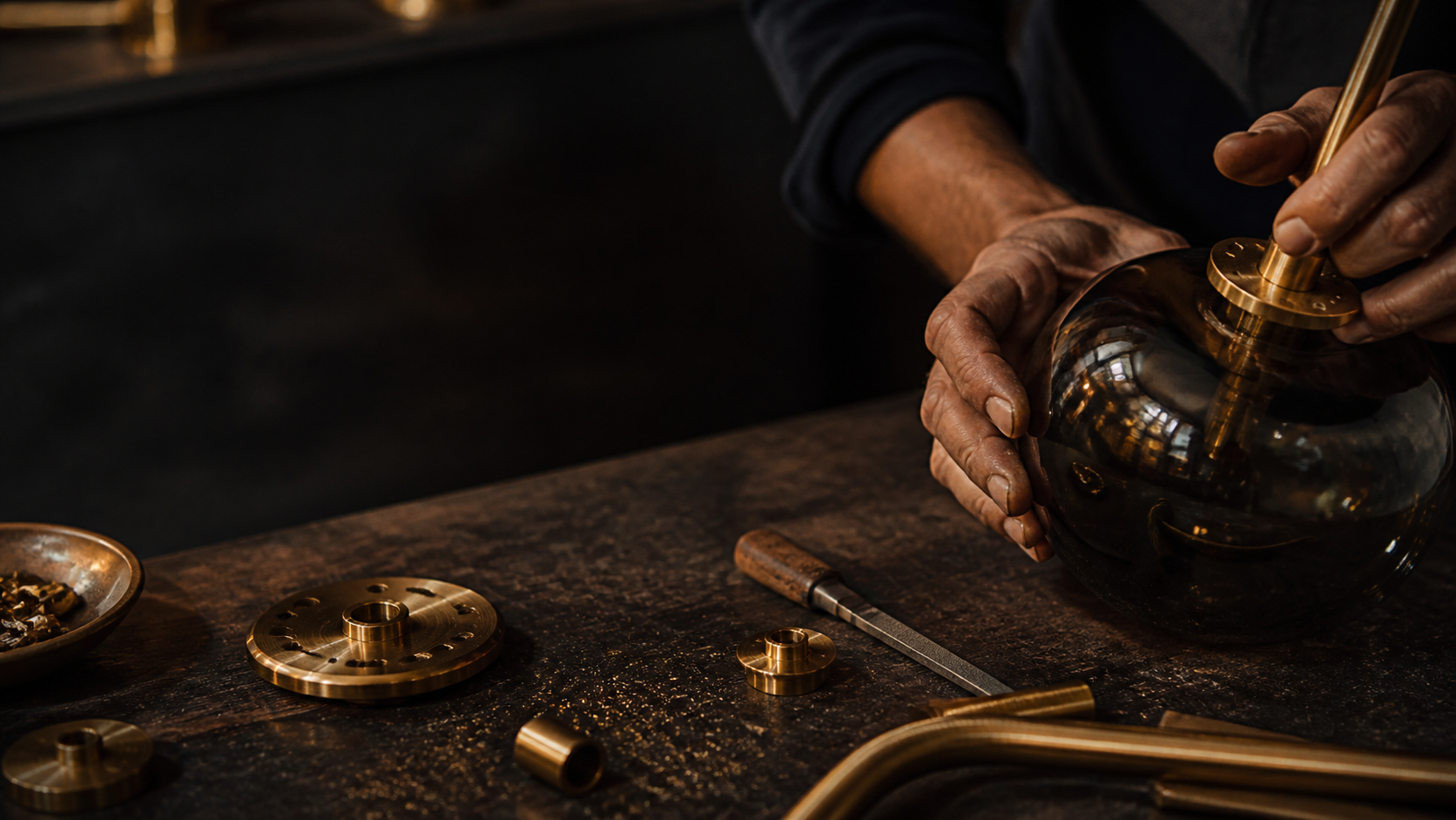 Artisan assembling a glass and brass light fixture