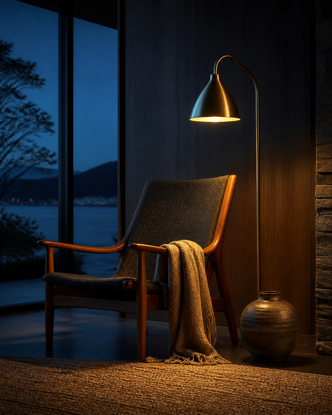 Brass floor lamp lighting a timber armchair at dusk