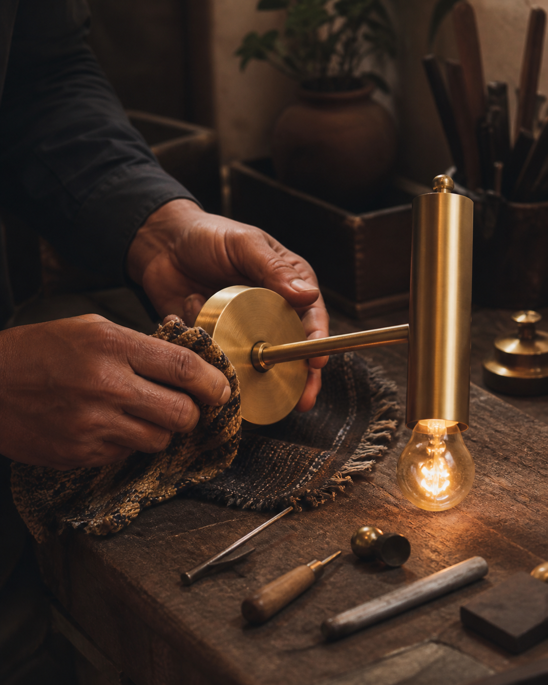 Artisan carefully finishing a brass light fixture